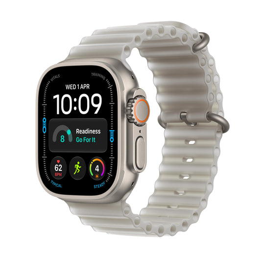 Apple Watch Ultra 4 GPS + Cellular 49 mm – titánový kryt vo farbe prírodná, oceánsky remienok vo farbe priesvitná šedá – univerzálna veľkosť
