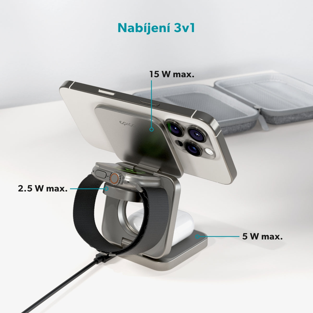 Bezdrôtový nabíjací stojan Epico UltraBase Qi2 3v1 Alu Mag+ EF55 – titánový