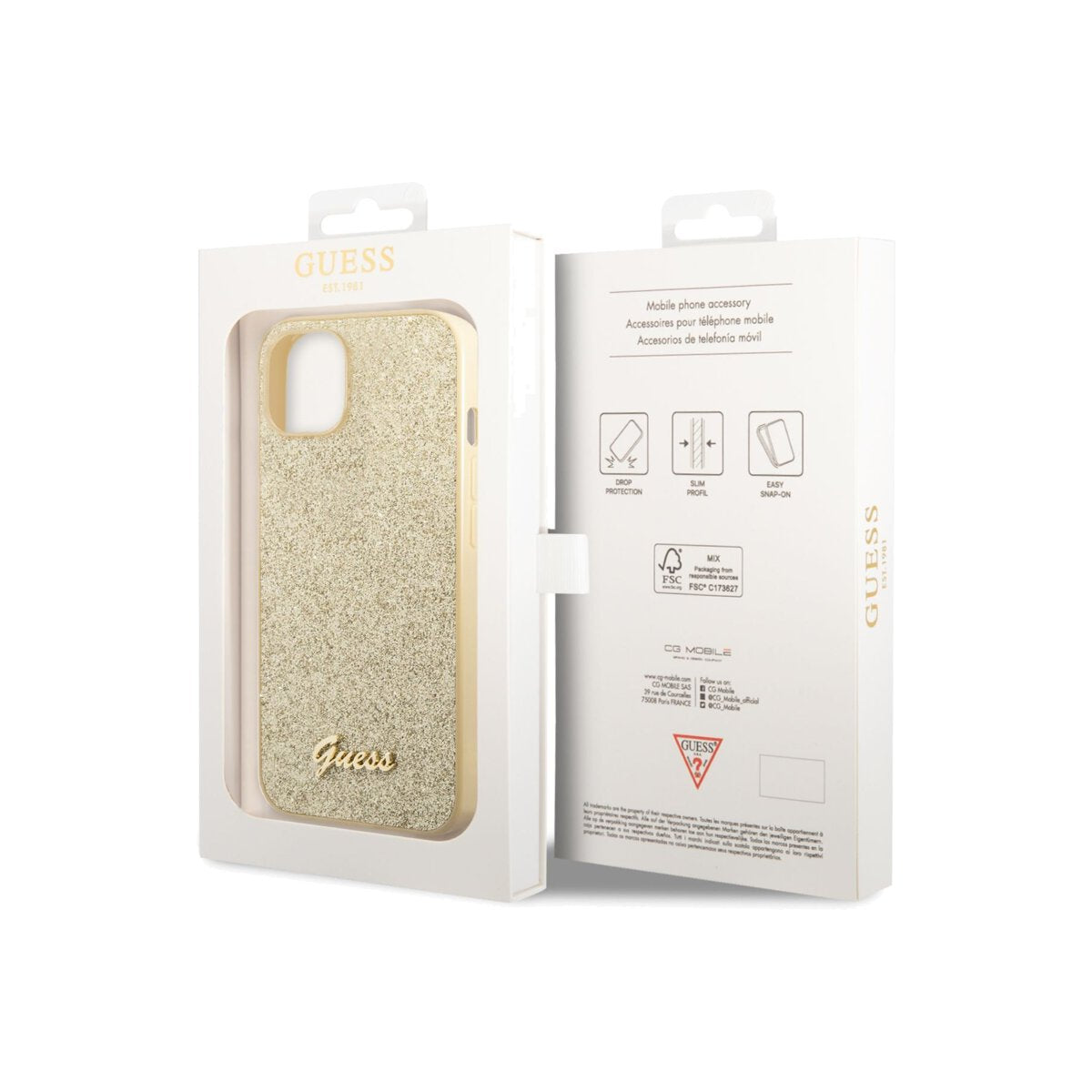 Guess Glitter Flakes Case with Metal logo for iPhone 14 Max Gold