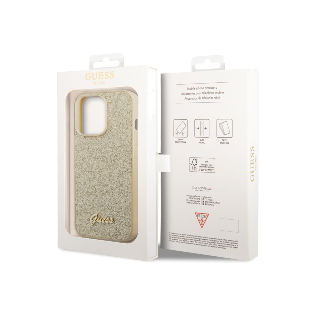 Guess Glitter Flakes Case with Metal logo for iPhone 14 Pro Max Gold