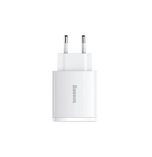 Baseus Compact Quick Charger, 2xUSB, USB-C, PD, 3A, 30W - White