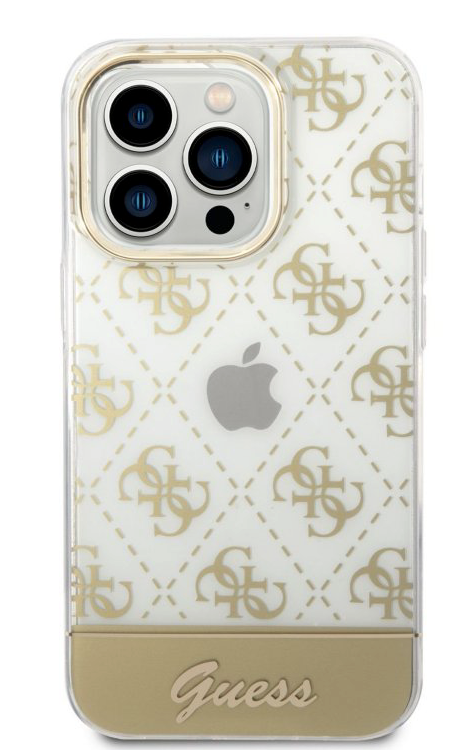 Puzdro Guess PC/TPU Peony Glitter Script Logo pre iPhone 14 Pro Max - Gold