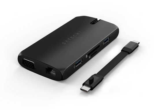 Satechi USB-C On-the-go Multiport adapter (1xHDMI, 1xVGA, 1x USB-C PD, 1xGigabit Ethernet, 2x USB-A, 1xUSB-C, Micro/SD) - Black