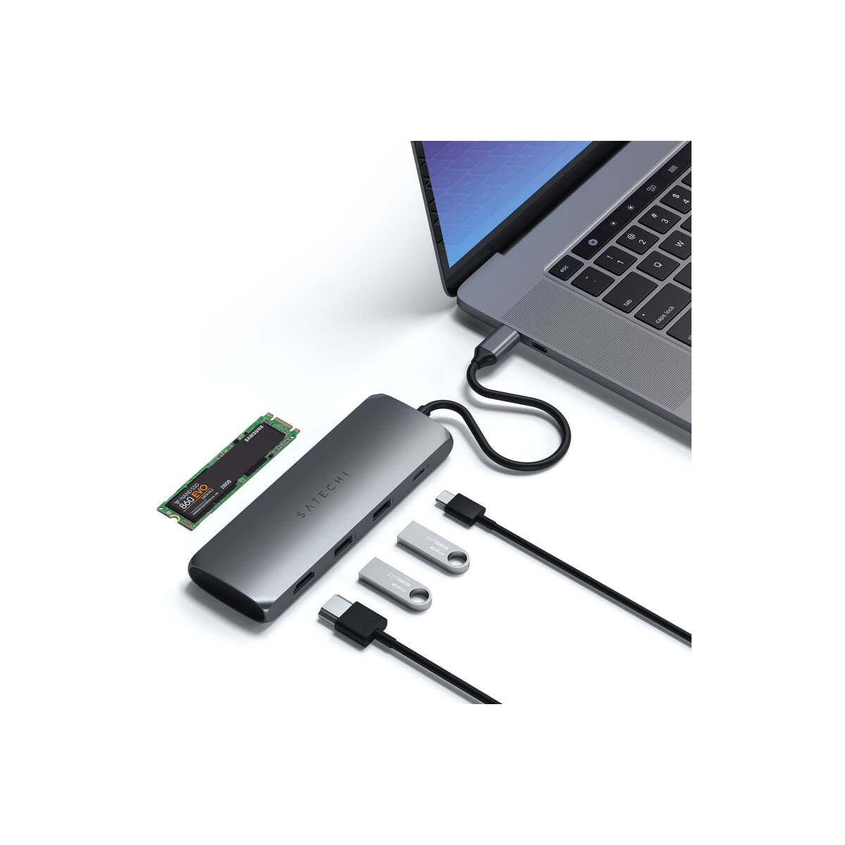Satechi Aluminium USB-C Hybrid Multiport adapter (SSD Enclosure, HDMI 4K, 2 x USB-A 3.1 Gen 2 up to 10 Gbps) - Space Grey