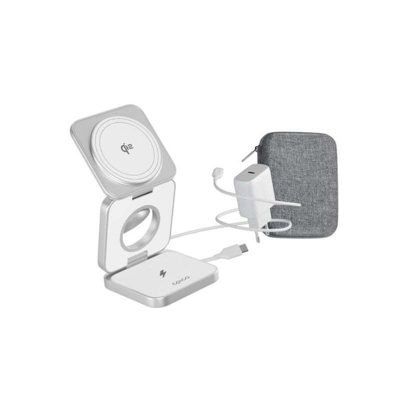 Bezdrôtový nabíjací stojan Epico UltraBase Qi2 3v1 Alu Mag+ EF55 – biela