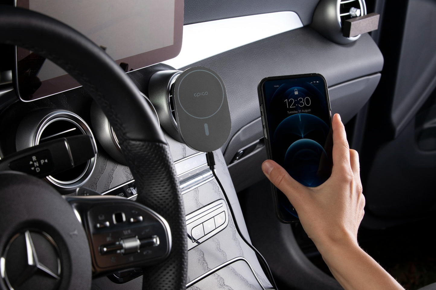 EPICO Ellipse Wireless Car Charger (MagSafe compatible) 15W/10W/7,5W + 18W QC - Space Gray