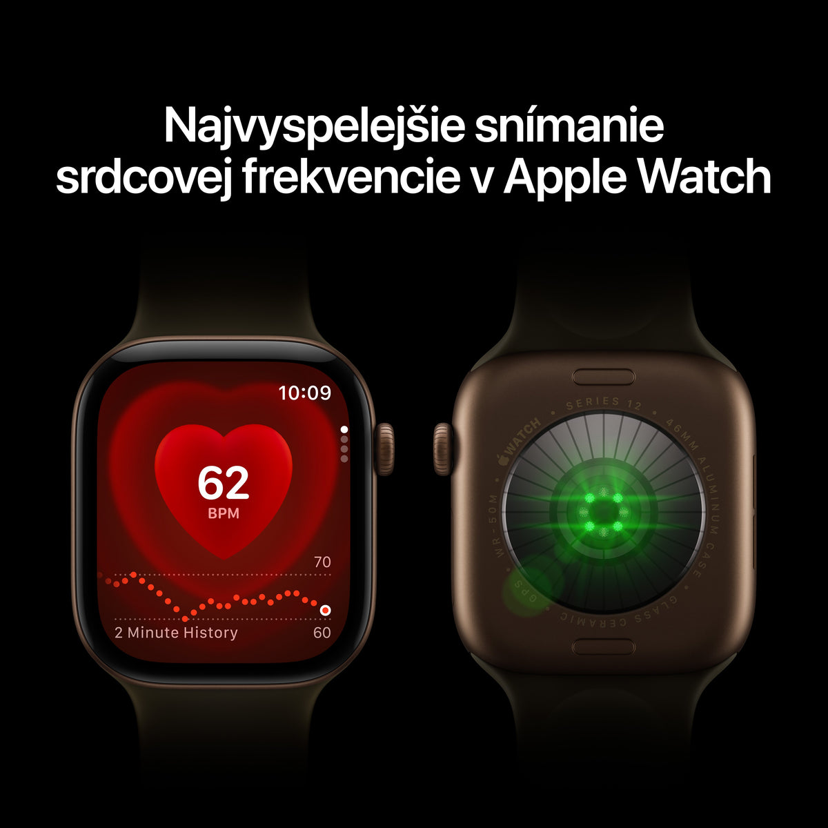Apple Watch Series 12 GPS 46 mm – hliníkový kryt vo farbe tmavobronzová, športový remienok vo farbe olivová – M/L