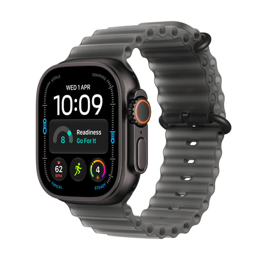 Apple Watch Ultra 4 GPS + Cellular 49 mm – titánový kryt vo farbe čierna, oceánsky remienok vo farbe priesvitná čierna – univerzálna veľkosť