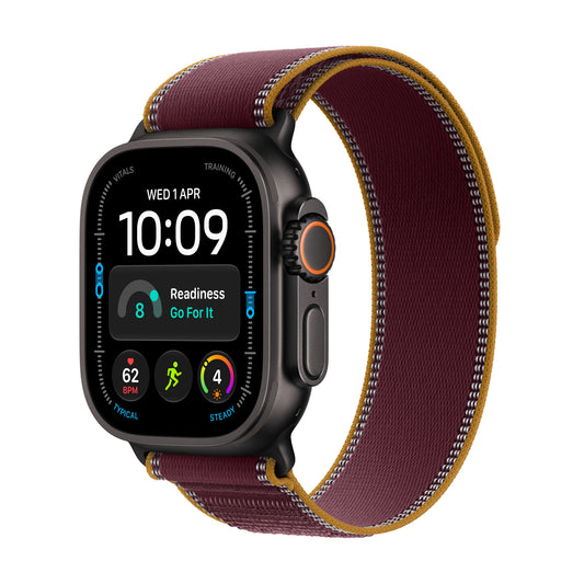 Apple Watch Ultra 4 GPS + Cellular 49 mm – titánový kryt vo farbe čierna, trailová slučka vo farbe burgundská – M/L