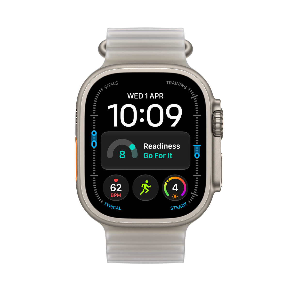 Apple Watch Ultra 4 GPS + Cellular 49 mm – titánový kryt vo farbe prírodná, oceánsky remienok vo farbe priesvitná šedá – univerzálna veľkosť