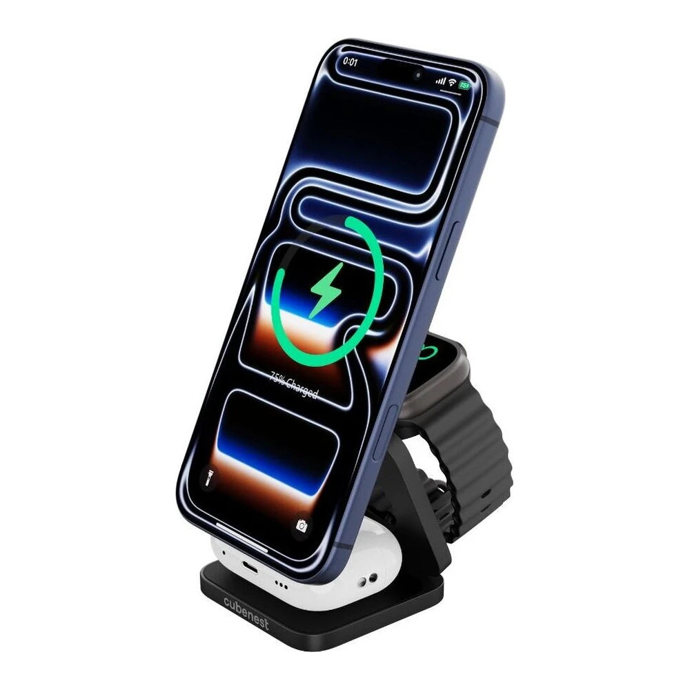 Cubenest SQ312 Ultra Qi2.2 (MagSafe) 3v1 sklápacia nabíjačka (35W) - čierna - iSTYLE.sk