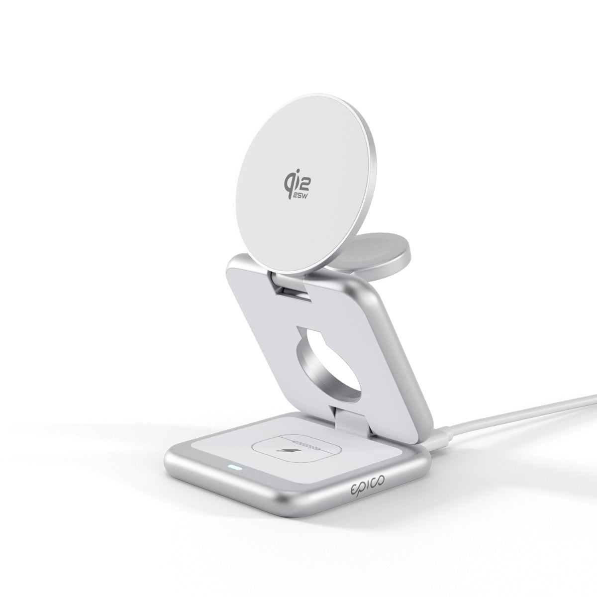 Skladacia bezdrôtová nabíjacia stanica Epico UltraBase Qi2 25 W 3v1 EF60 – strieborná