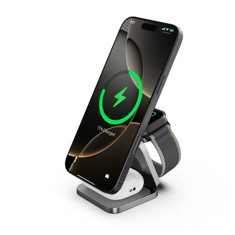 Cubenest 3v1 Qi2.2 Skladacia bezdrôtová magnetická nabíjačka SQ312 Ultra - sivá - iSTYLE.sk