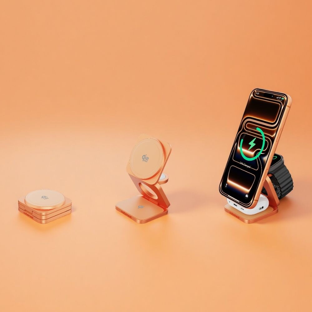 Cubenest 3v1 Qi2.2 Skladacia bezdrôtová magnetická nabíjačka SQ312 Ultra oranžová - iSTYLE.sk