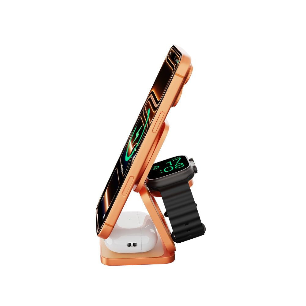 Cubenest 3v1 Qi2.2 Skladacia bezdrôtová magnetická nabíjačka SQ312 Ultra oranžová - iSTYLE.sk