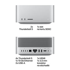 Mac Studio: Apple M5 Ultra čip s 30-jadrovým CPU a 64-jadrovým GPU, 96 GB jednotnej pamäte, 2TB SSD úložisko – strieborný