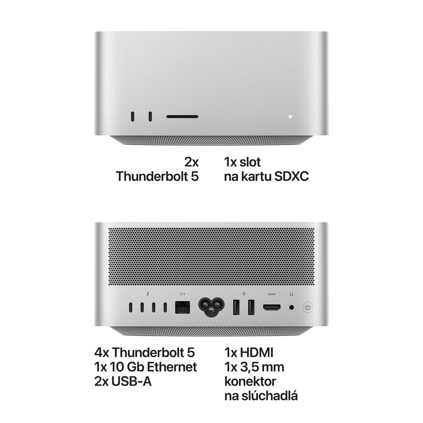 Mac Studio: Apple M5 Ultra čip s 30-jadrovým CPU a 64-jadrovým GPU, 96 GB jednotnej pamäte, 2TB SSD úložisko – strieborný