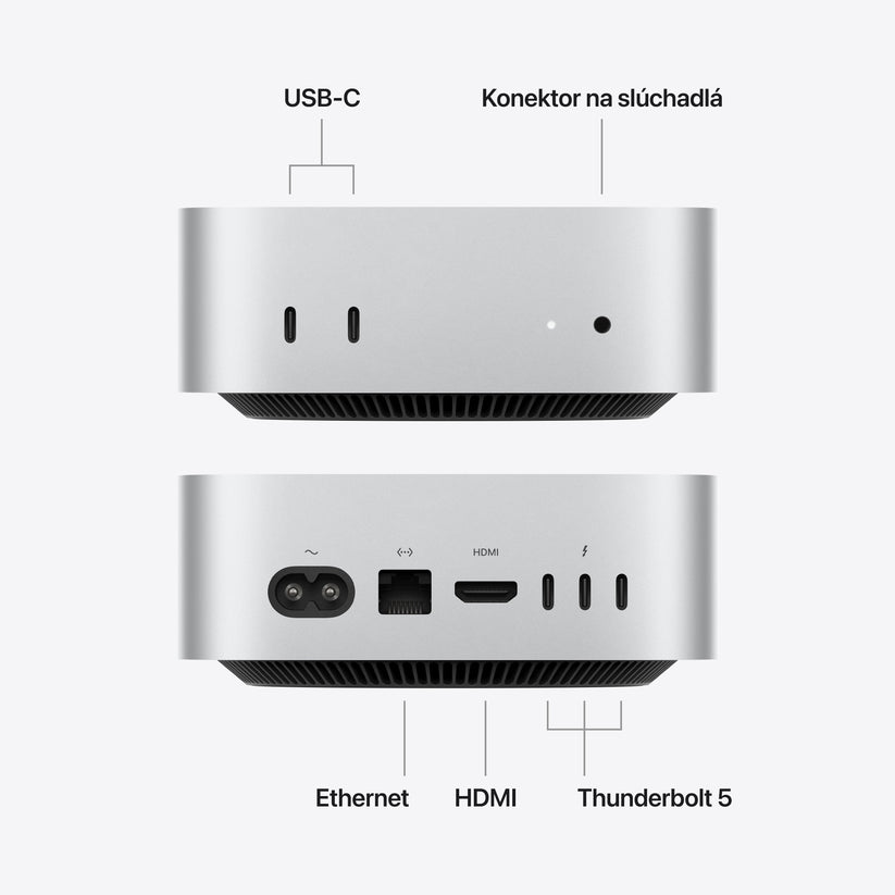 Mac mini: Apple M5 Pro čip s 18-jadrovým CPU a 20-jadrovým GPU, 24 GB jednotnej pamäte, 2TB SSD úložisko, 2,5-gigabitový Ethernet – strieborný - iSTYLE.sk