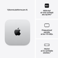 Mac mini: Apple M6 čip s 12-jadrovým CPU a 12-jadrovým GPU, 16 GB jednotnej pamäte, 2TB SSD úložisko, 10-gigabitový Ethernet – strieborný