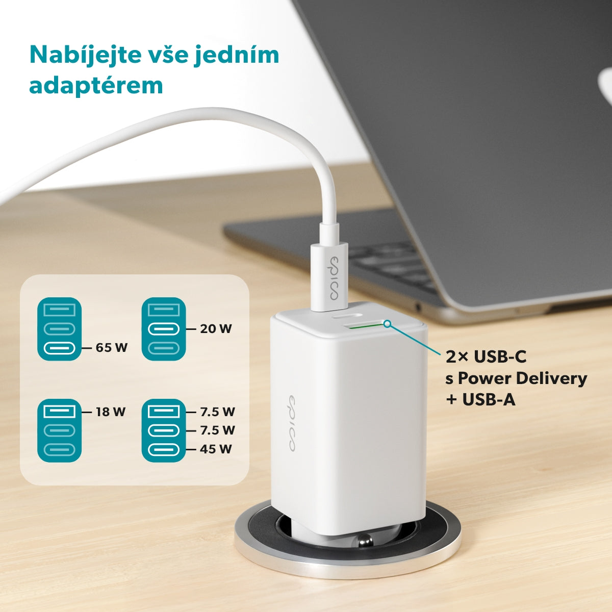 Epico UltraBoost GaN 65W sieťový adaptér EA65 s 1,2 m USB-C na USB-C káblom - biela - iSTYLE.sk
