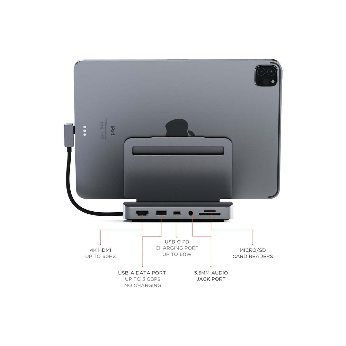 Satechi Aluminium Stand & Hub pre iPad Pro (USB-C PD až do 60W,4K HDMI(60Hz),USB-A,SDcard, audio 3.5mm ) - Space Grey