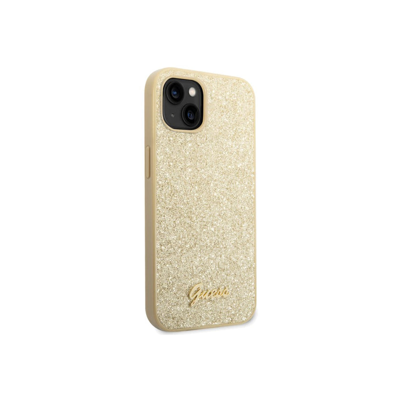 Guess Glitter Flakes Case with Metal logo for iPhone 14 Max Gold