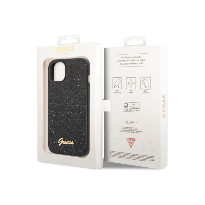 Guess Glitter Flakes Case with Metal logo for iPhone 14 Plus Black