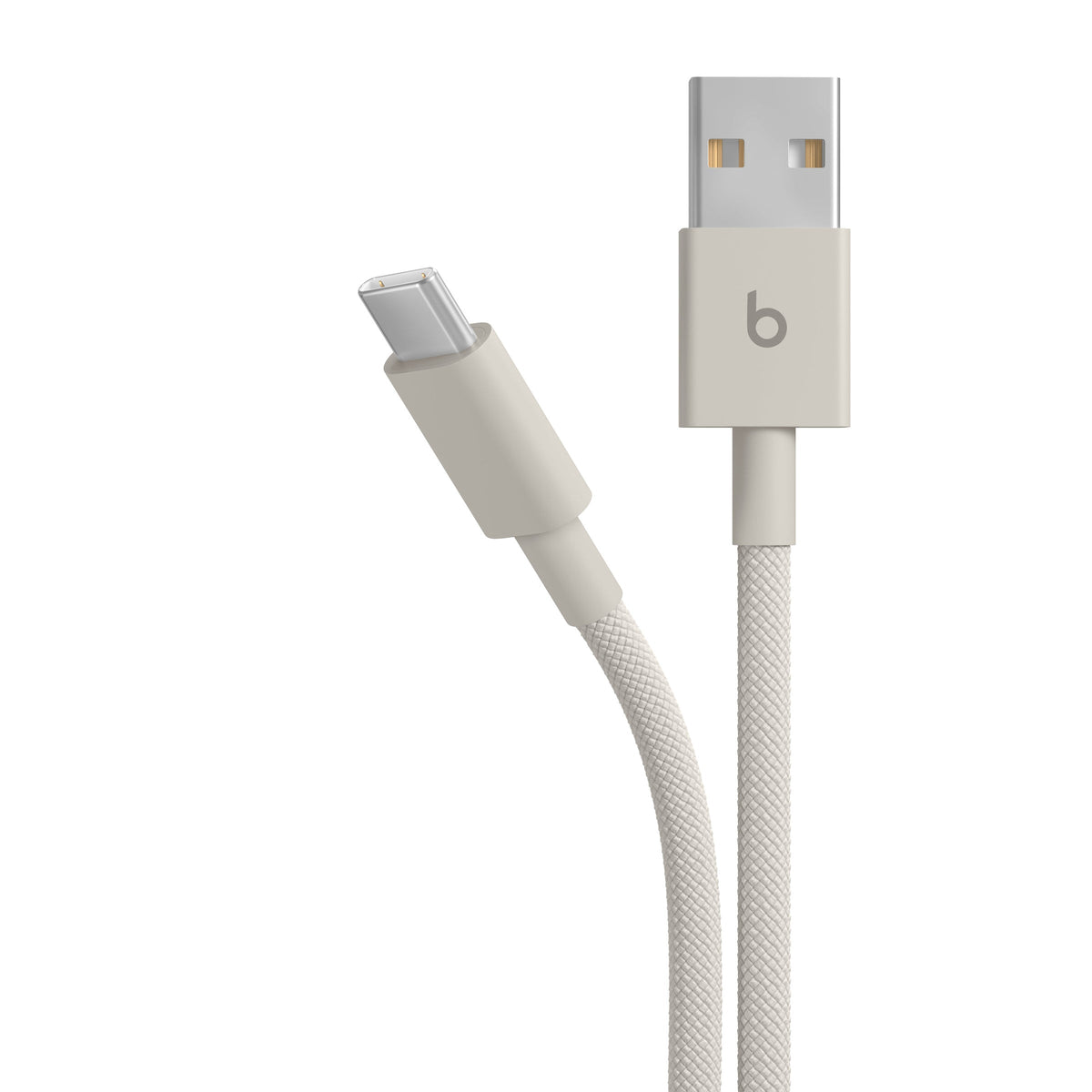 Opletený kábel Beats USB-A/USB-C 1,5 m – béžový – detail oboch konektorov
