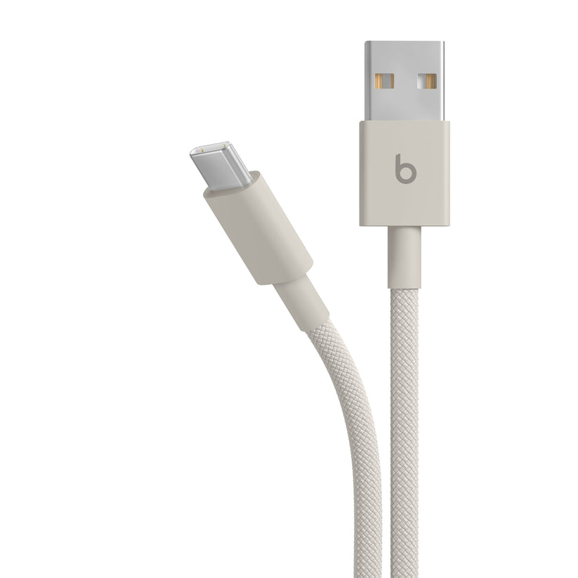 Opletený kábel Beats USB-A/USB-C 1,5 m – béžový – detail oboch konektorov