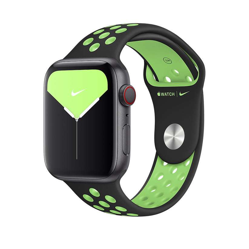 Apple Watch 44mm Nike Band:  Black/Lime Blast Nike Sport Band - Regular (Seasonal Spring2020)