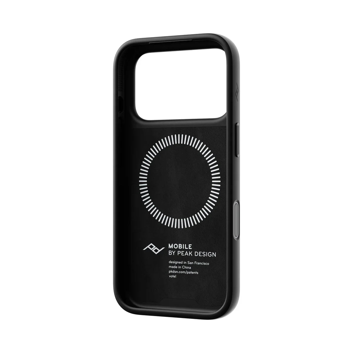 Kožený kryt Peak Design Everyday Case pre iPhone 18 Pro – čierny – šikmý pohľad zvnútra