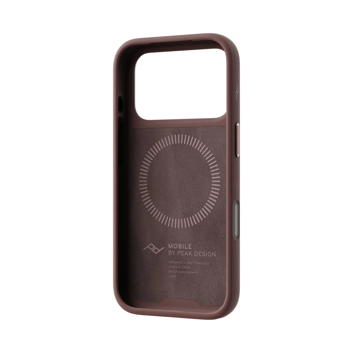 Kryt Peak Design Everyday Case Clarino pre iPhone 18 Pro – súmrakovo fialový – šikmý pohľad zvnútra
