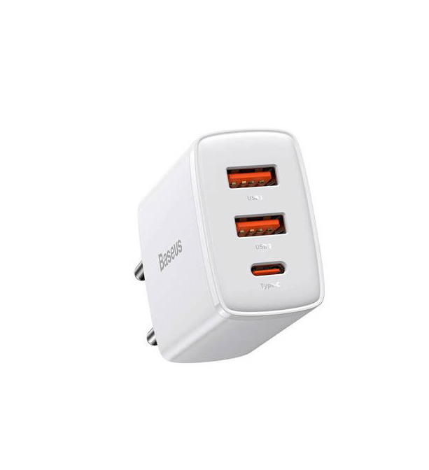 Baseus Compact Quick Charger, 2xUSB, USB-C, PD, 3A, 30W - White