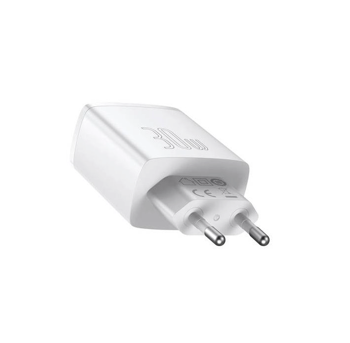 Baseus Compact Quick Charger, 2xUSB, USB-C, PD, 3A, 30W - White