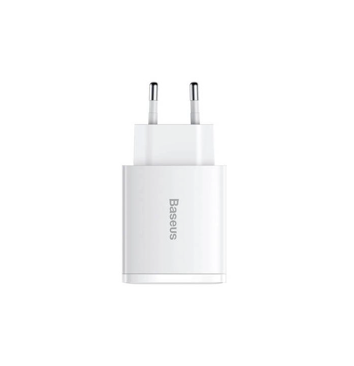 Baseus Compact Quick Charger, 2xUSB, USB-C, PD, 3A, 30W - White