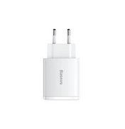 Baseus Compact Quick Charger, 2xUSB, USB-C, PD, 3A, 30W - White