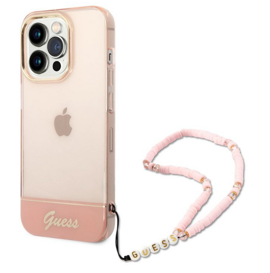 Guess PC/TPU Camera Outline Translucent Obal with Lanyard na iPhone 14 Pro Max - Pink