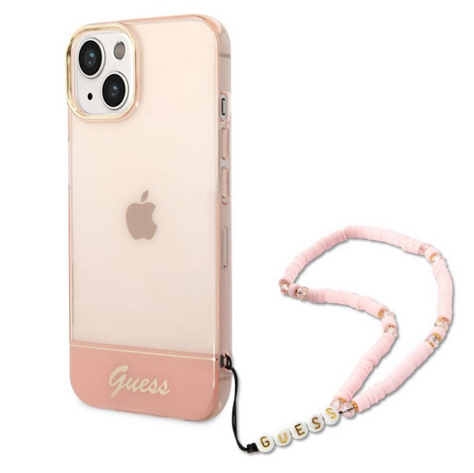 Guess PC/TPU Camera Outline Translucent Obal with Lanyard na iPhone 14 Plus - Pink