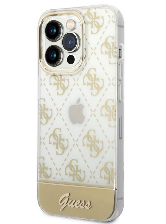 Puzdro Guess PC/TPU Peony Glitter Script Logo pre iPhone 14 Pro Max - Gold