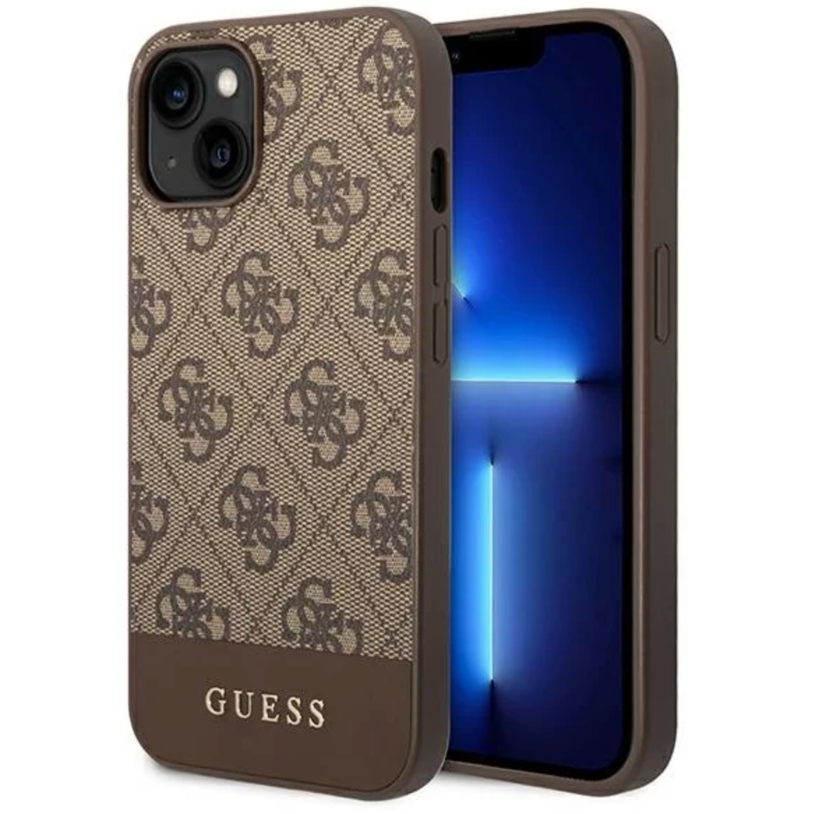 Guess 4G PU Case with Bottom Stripe Metal logo for iPhone 14 Plus Brown