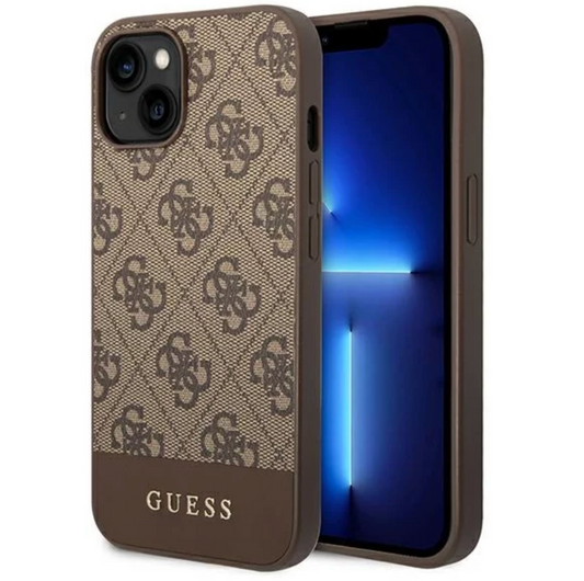 Guess 4G PU Case with Bottom Stripe Metal logo for iPhone 14 Plus Brown