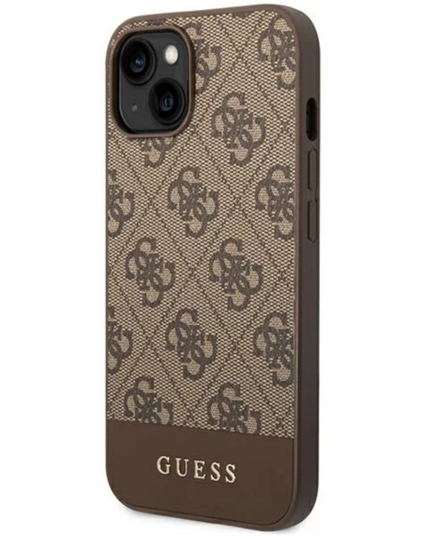 Guess 4G PU Case with Bottom Stripe Metal logo for iPhone 14 Plus Brown