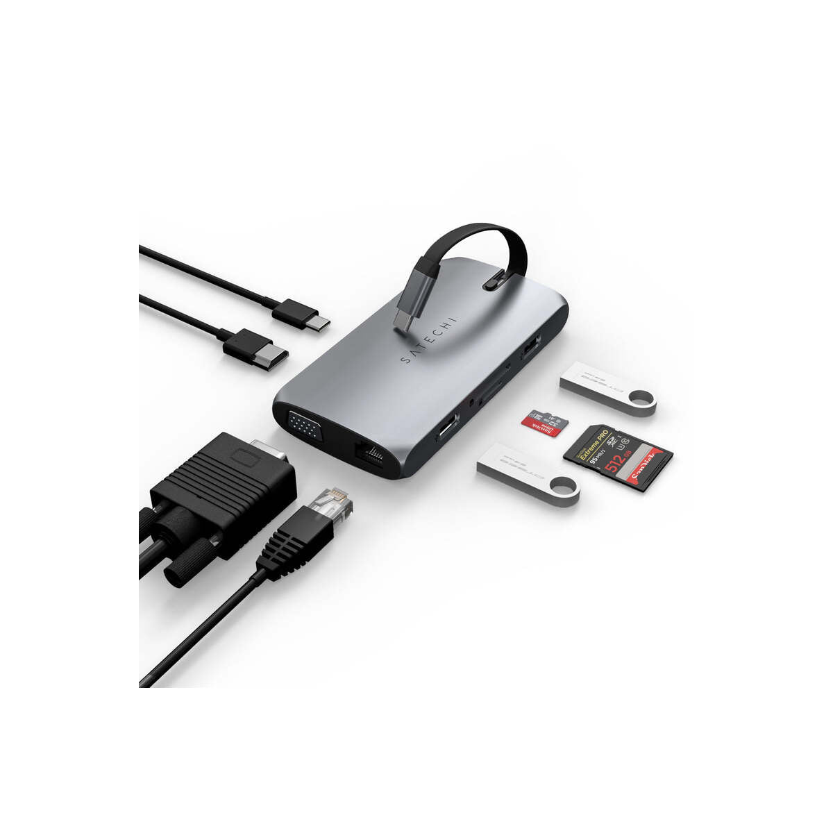 Satechi USB-C On the go Multiport adapter (1xUSB-C PD charging, 1x G.Ethernet,1x 4K HDMI,1x VGA,1x USB-A,1x USB-C, micro/SD) - Space Grey