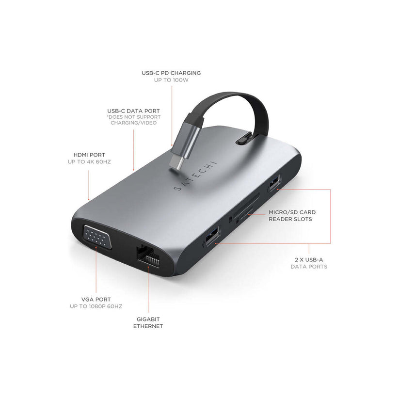 Satechi USB-C On the go Multiport adapter (1xUSB-C PD charging, 1x G.Ethernet,1x 4K HDMI,1x VGA,1x USB-A,1x USB-C, micro/SD) - Space Grey